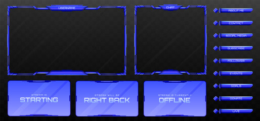 Wall Mural - Stream Overlay Webcam Screen Frame and Stream Alert GUI Panels in Blue color for Live Video Streaming Platforms