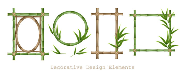 Wall Mural - Bamboo frames set made of stems and green leaves tied with a rope. A set of wooden bamboo frames