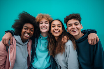 Group Of Diverse Teenagers Laughing And Embracing Each Other Against A Bright Blue Background