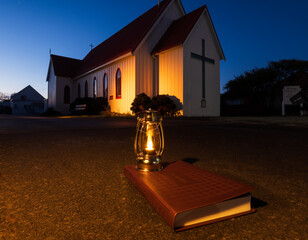 Close Bible Lamp Church Dawn