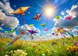© Sirinporn - Vibrant kites soar high in a bright blue sky with fluttering tails and ribbons, surrounded by lush green grass and blooming flowers, capturing spring's joy.