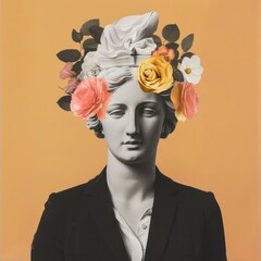 Canvas Print - Business women with statue head portrait painting flower.