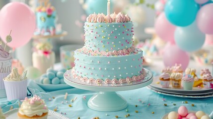 A birthday table covered in a light blue tablecloth, adorned with a two-tier cake and surrounded by pastel party items and balloons