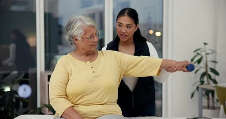 Canvas Print - Fitness, dumbbells and senior woman with nurse, support and physiotherapy for joint stability or elderly care. Talking, patient and caregiver in clinic, training and strength of muscle and healthcare