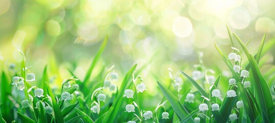 Wall Mural - lily of the valley, white flowers in a green grass meadow, spring nature background