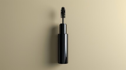 3D render of an ultra-realistic black mascara bottle, set against a flat white and beige background, emphasizing depth and contrast