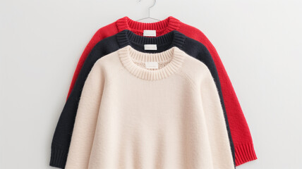 Wall Mural - Three knit sweaters in beige, black, and red, neatly hung in a vertical arrangement against a white background.
