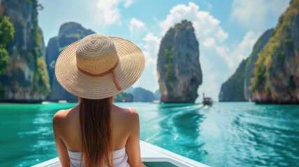 Rear view of beautiful young female tourist in hat relaxing on wooden boat and looking at the sea during the day. AI generated image