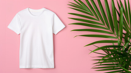 Wall Mural - White T-Shirt on Pink Background with Palm Leaf
