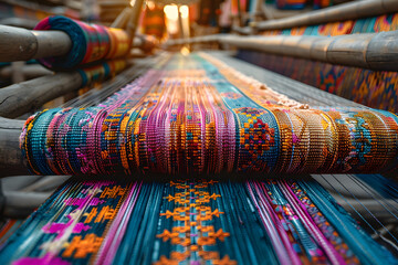 Wall Mural - A traditional loom with a colorful tapestry in progress. Concept of textile arts and cultural heritage. 