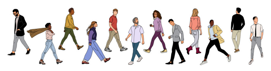 Wall Mural - Set of different business people walking. Stylish men and women wearing smart casual office outfit with smart phone and bag. Vector cartoon realistic illustrations isolated on transparent background.