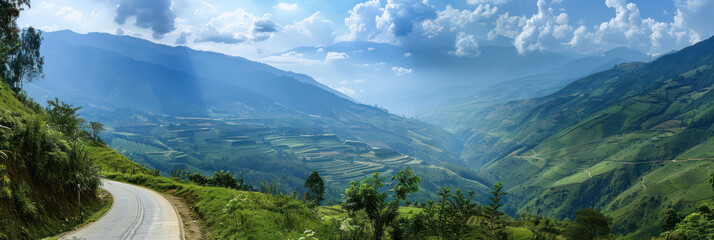 Mountain road landscape with winding path, green trees, cloudy mountains. Perfect travel agency and tour image. Scenic view from bicycle point of view. Realistic photo.