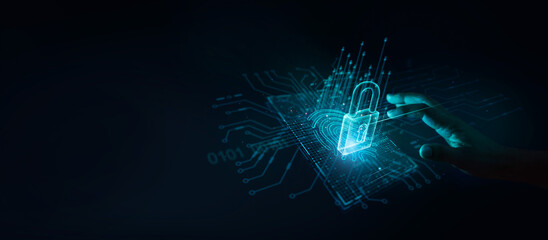 Poster - Cyber security, Hand use virtual screen and Login verified identity credentials on network of data protection technology on digital padlock, Business data privacy, Protect of cyber attack.