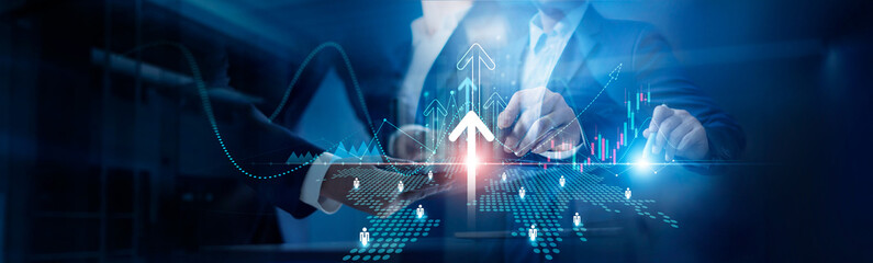 Poster - Business team strategy and analysis, Businessman pointing arrow and graph growth digital marketing positive, Development powerful investment on global network, Stock growth and business success goals.