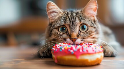 Poster - Curious Cat and a Donut