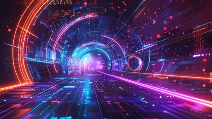 Wall Mural - Virtual digital futuristic glowing neon stage with digital elements and curved empty screen for advertising and game artwork, representing future technology and innovation concepts in vector illustrat