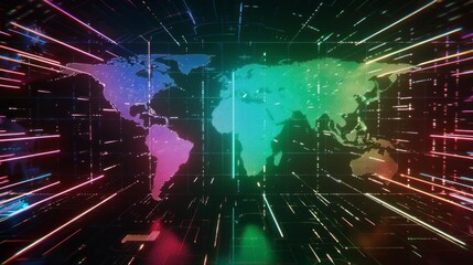 Wall Mural - Cutting-edge hologram world map featuring vibrant spectrum colors and high-tech light effects for advanced technology concepts
