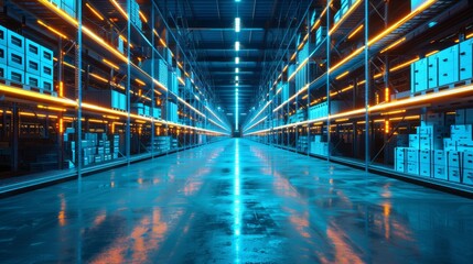 Futuristic warehouse technology with neon background: advanced warehouse program and cutting-edge computer graphics design representing the future of technology and innovation



