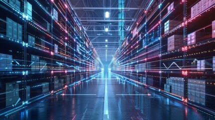 Futuristic warehouse technology with neon background: advanced warehouse program and cutting-edge computer graphics design representing the future of technology and innovation


