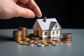 Wall Mural - Photo of a hand offering a miniature house in exchange with an other hand offering a stack of coins money architecture investment.