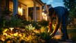 © INT888 - Worker installing outdoor pathway lighting fixtures in a residential front yard enhancing curb appeal and safety for nighttime navigation.