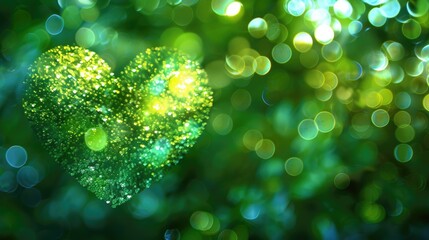 Wall Mural - Green Heart Bokeh Background. Abstract Holiday Backdrop with Bright Celebratory Image