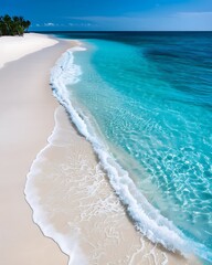 Wall Mural - Close-up of tropical beach, white sand and turquoise water, bright and refreshing, more clarity with clear light and sharp focus, high detailed
