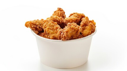 Wall Mural - Crispy fried chicken pieces, nuggets, and chicken skin in a paper bucket, isolated on white background with clipping path, showcasing crunch