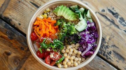 Wall Mural - Delicious buddha bowl filled with organic vegetables and grains in eco-friendly packaging. Vegan lunch option.