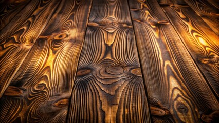 Wall Mural - Dark brown wooden planks with prominent grains and intricate patterns, lit by soft warm light, exuding rustic natural elegance atmosphere.