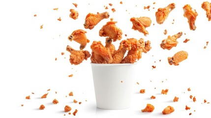 Wall Mural - Fried chicken flying out of a paper bucket, isolated on white background with a clipping path, perfect for fast-food advertisements