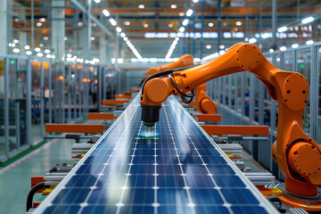 Wall Mural - Robotic arms work on the assembly line in a solar panel manufacturing facility, highlighting automation in renewable energy production.