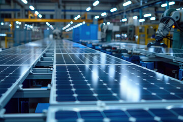 Wall Mural - Close-up of solar panels being assembled in an industrial facility, showcasing the production process of renewable energy technology.