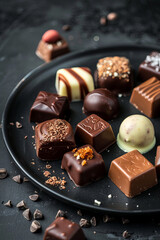 Chocolates on a dark plate in a black background, concept of sweet dessert food macro photography