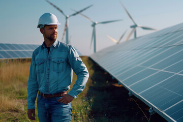 Wall Mural - An engineer wearing a hard hat inspects solar panels and wind turbines in a field, highlighting renewable energy and sustainable technology.