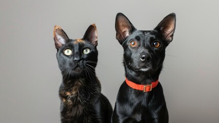 Sweet Jagdterrier and Scottish Straight cat standing upright, displaying their curious and playful personalities in a studio setting.