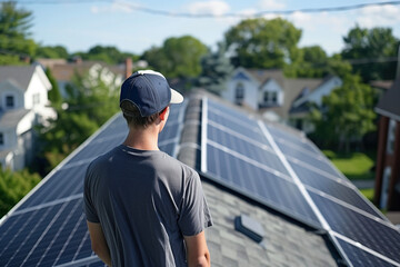 Wall Mural - A man inspects solar panels on the roof of a residential house in a suburban neighborhood, promoting renewable energy use. 