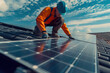 © Arsenii - A technician wearing protective gear installs solar panels on a tiled roof under a partly cloudy blue sky.