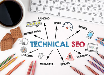 Wall Mural - technical seo concept. chart with keywords and icons. white office desk