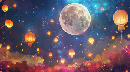 Wall Mural - Mid-autumn festival background banner, image of a big full moon in the night sky, surrounded by colorful lanterns, Ai generated Images