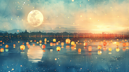 Wall Mural - Mid-autumn festival background banner, lake view with paper lanterns floating in the water, Ai generated Images