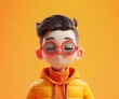 © Qstock - Cute 3D Illustration of a Young Boy with Red Glasses in Bright Orange Outfit on Vibrant Background