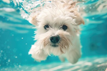 Close-up of a cute white dog swimming in a clear blue pool underwater. Pet care, summer fun, animal activities, aquatic exercise, water safety for pets.