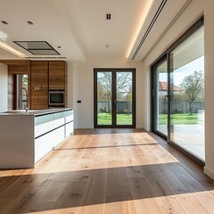 Poster - Modern Kitchen Interior with Glass Doors and Wooden Floor