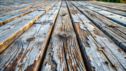 Wall Mural - Weathered wooden deck with grey paint peeling off, exposing fine wood grain, evoking rustic charm and nostalgic serenity in close-up detail.
