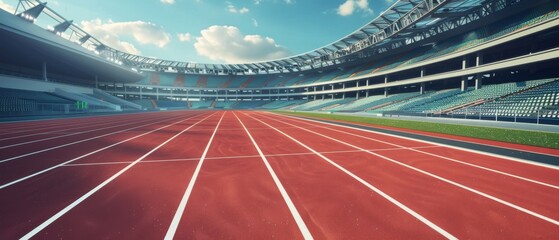 Empty running track in professional stadium. Ideal for sports apparel, footwear, and equipment brands.