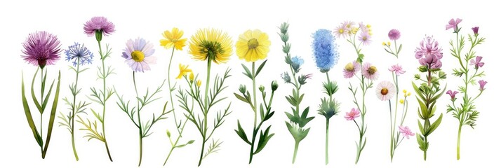 Botanical Flower Set. Watercolor Hand Drawn Set of Summer Wildflowers with Fennel, Chicory, and Echinacea