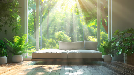 Forest sunlight in nature, wood bright green summer. Modern interior light design, beautiful white furniture, tree living landscape. Comfortable sunny sofa decoration, house