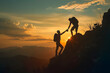 © john - Man is giving helping hand, Silhouettes of people climbing on mountain at sunset, Help and assistance concept, Silhouettes of two people climbing on mountain and helping