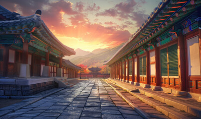 Wall Mural - Gyeongbokgung Palace in Seoul, South Korea with a beautiful sunset sky, sunlight and shadows on the architecture, traditional Korean patterns on the walls, a stone path leading to the palace entrance